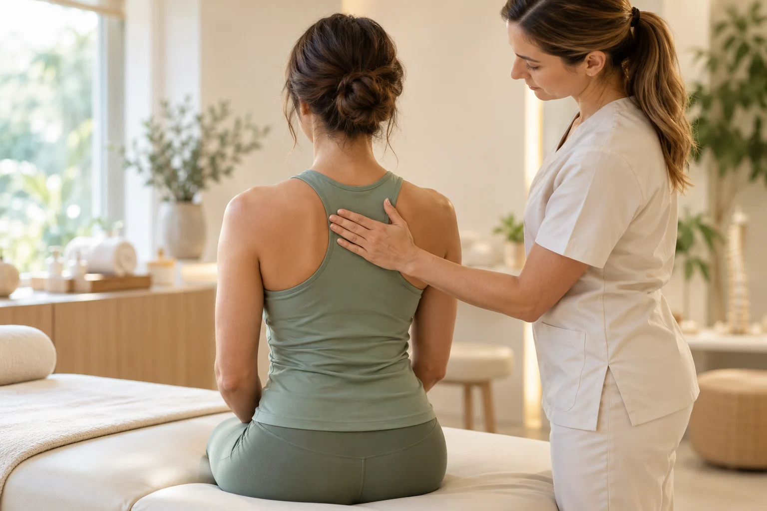 Imagem ilustrativa de fisioterapeuta orientando a postura de uma paciente sentada