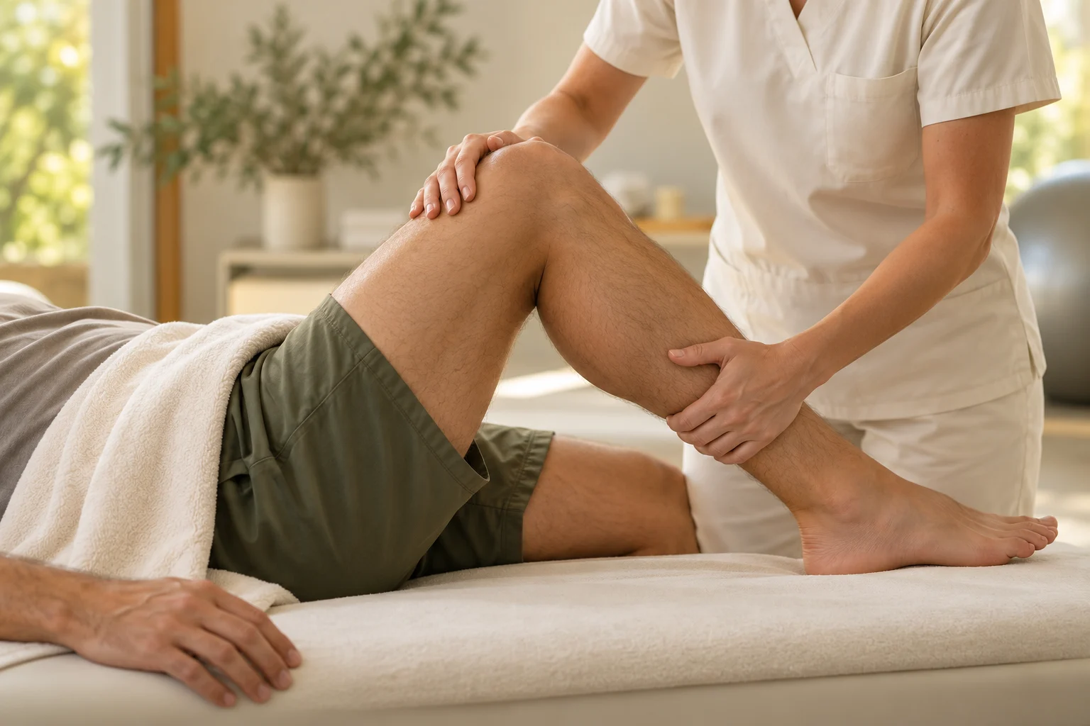 Imagem ilustrativa de avaliação da mobilidade do joelho durante um atendimento de fisioterapia