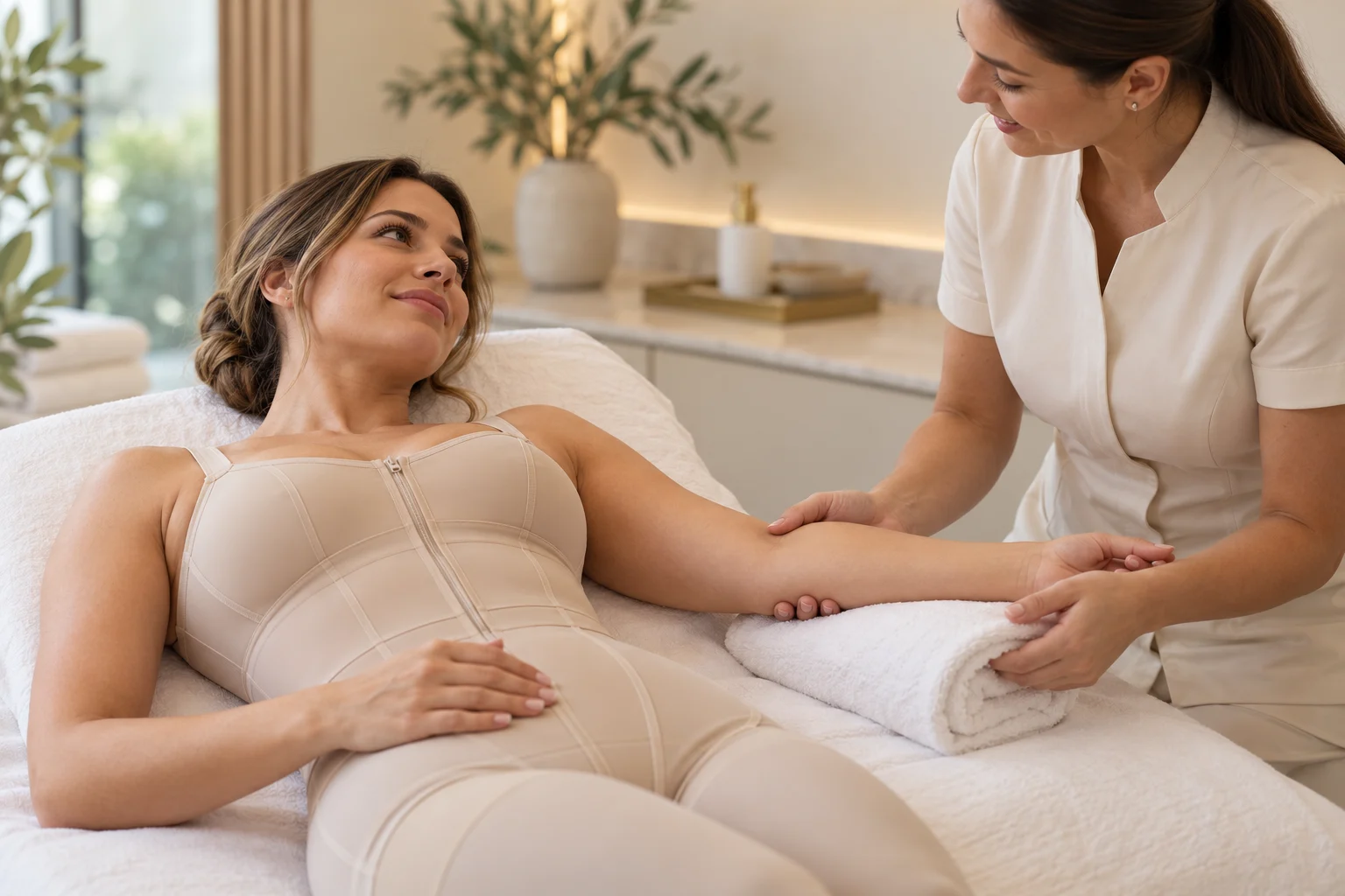 Imagem ilustrativa de acolhimento durante o pós-operatório, com paciente e fisioterapeuta em um ambiente tranquilo